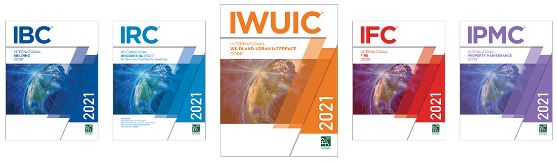 Graphic showing the International Building Code, International Residential Code, International Wildland-Urban Interface Code, International Fire Code and International Property Maintenance Code