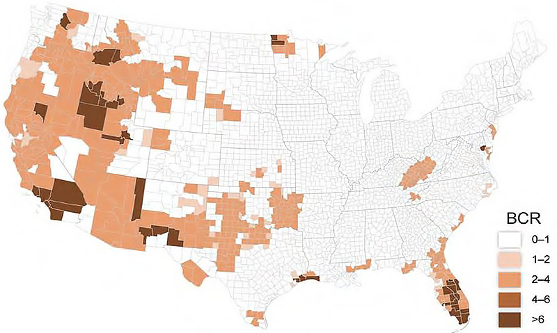 Map showing the benefit cost ratio of Wildland Urban Interface fire mitigation by implementing the 2015 International Wildland Urban Interface Code for new buildings by county (NIBS).