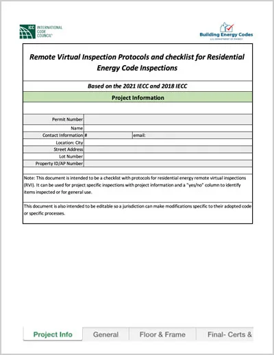 Remote Virtual Inspection Protocols and checklist for Residential Energy Code Inspections. Based on the 2021 IECC and 2018 IECC